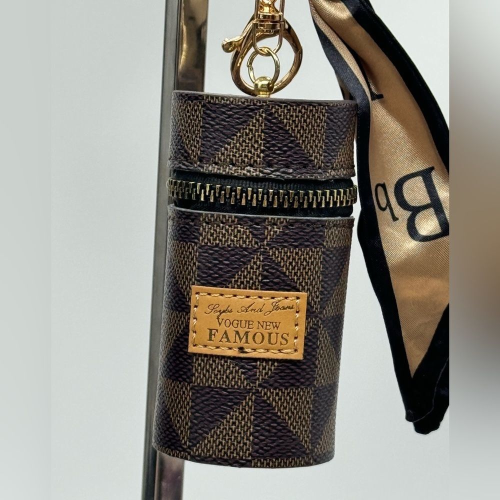 NIP Brown Leather Bag Charm Lipstick Holder Coin Pouch Key Ring Mini Wallet - Picture 2 of 5